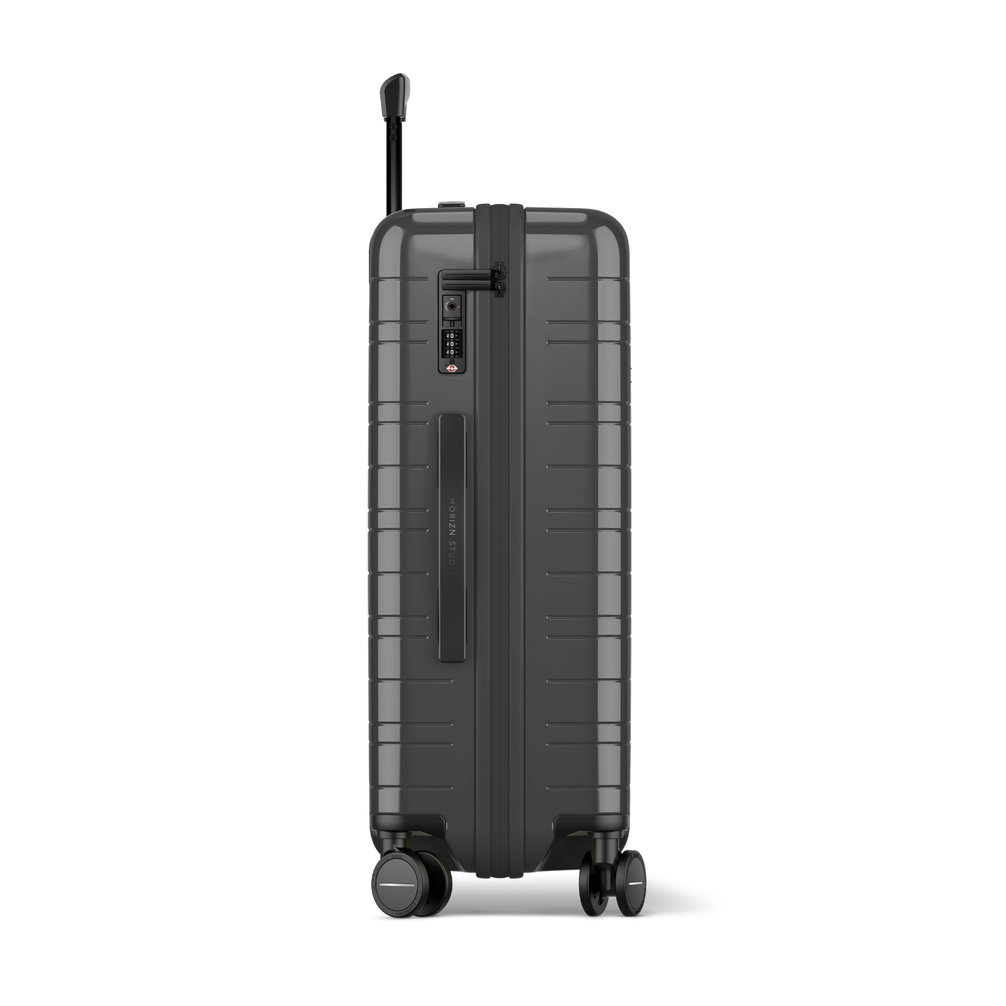 Koffer Essential Glossy Graphite Seitenansicht - Hartschale Polycarbonat Leicht Robust - Horizn Studios