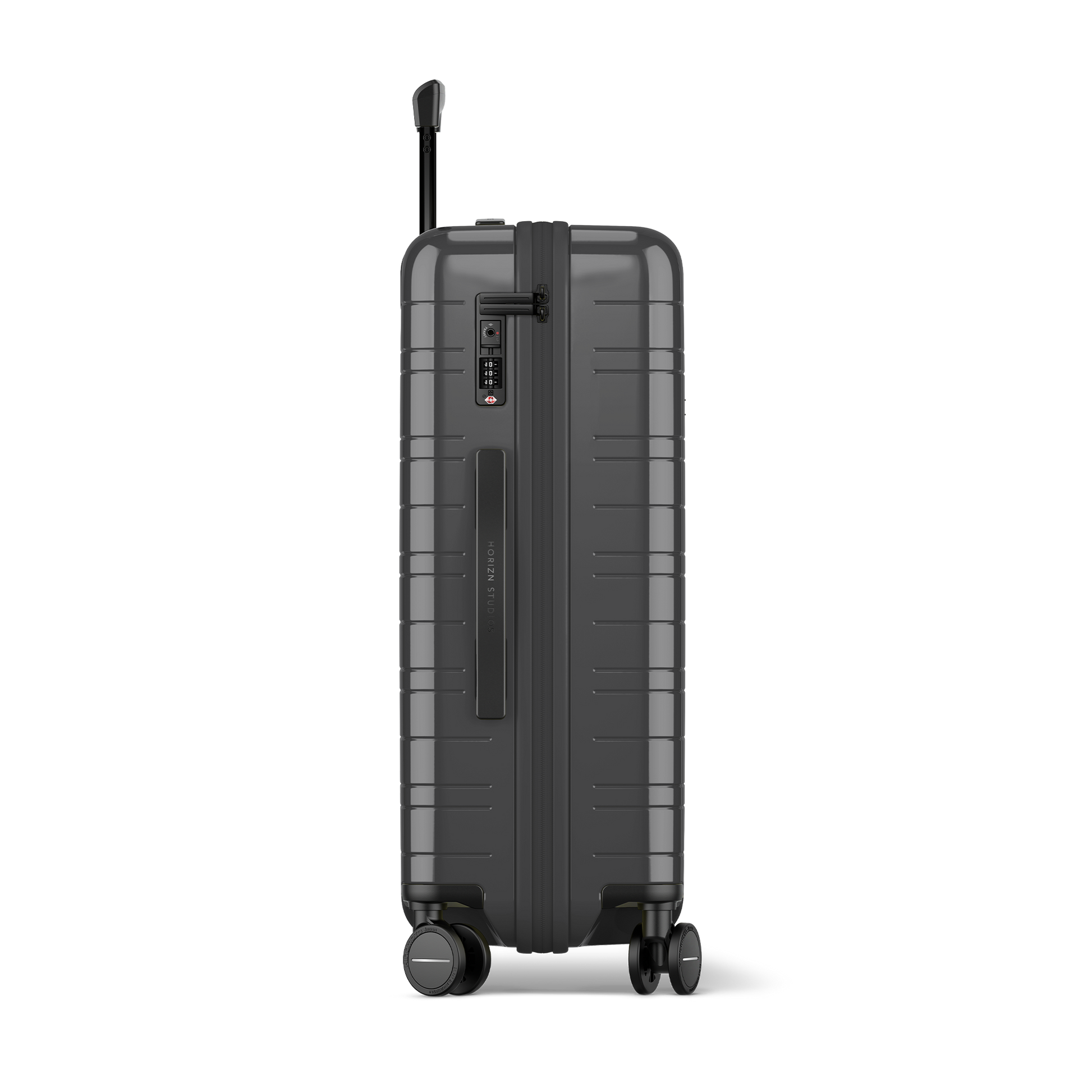 Koffer Essential Glossy Graphite Seitenansicht - Hartschale Polycarbonat Leicht Robust - Horizn Studios