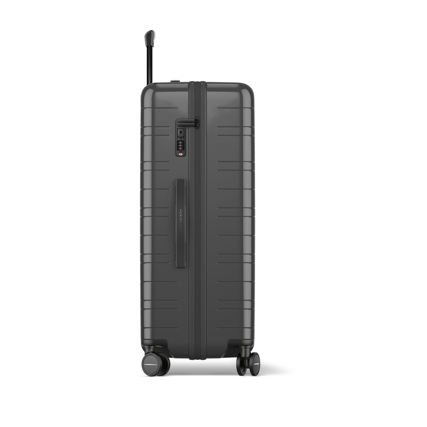 Koffer Essential Glossy Graphite Seitenansicht Bec - Hartschale Polycarbonat Leicht Robust - Horizn Studios
